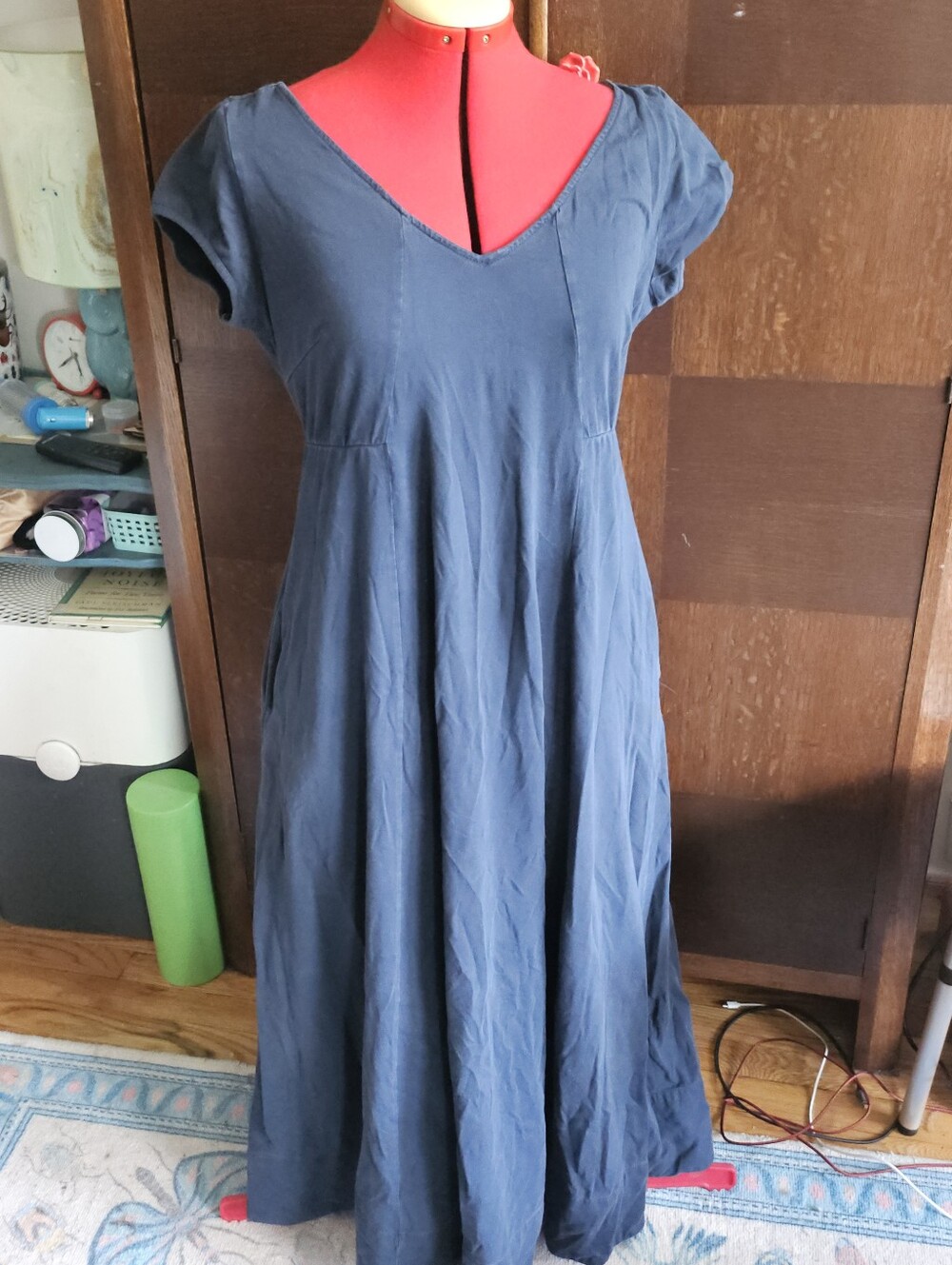eshakti Navy Blue V-Neck Casual Maxi Dress